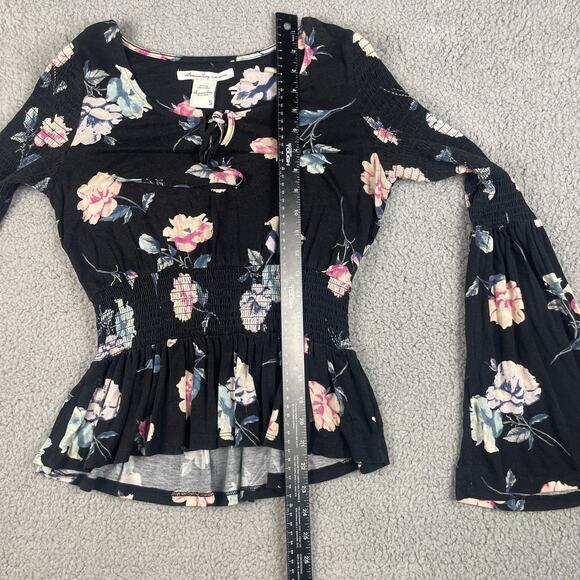 American Rag Women's Small Black Flower Rayon Spandex Long Sleeve Blouse - Picture 6 of 12